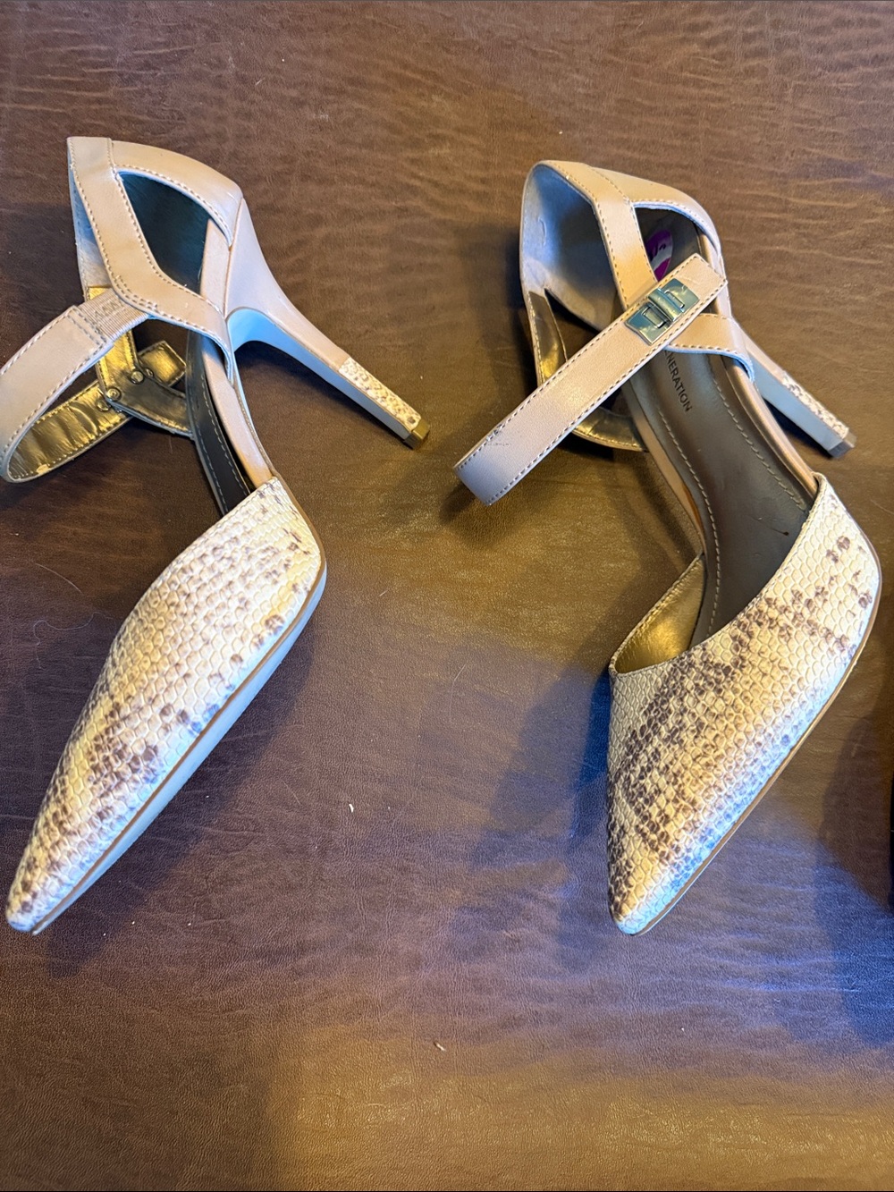 BCBG Neutral Taupe Snake-Print Pointed Ankle-Strap Heels - Picture 6 of 6